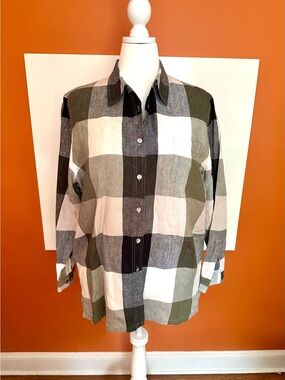 Diane Gilman Collection 100% Linen Buffalo Plaid Button Down Shirt XL